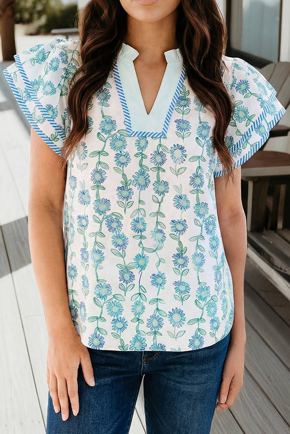Floral Print Striped Flutte Blouse