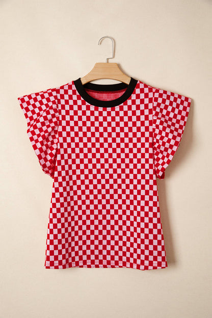 Checkered Print Ruffle Blouse