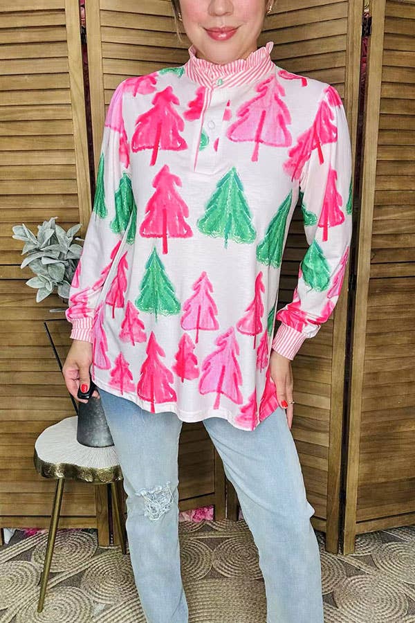Christmas tree long sleeve striped women blouse GJQ16449