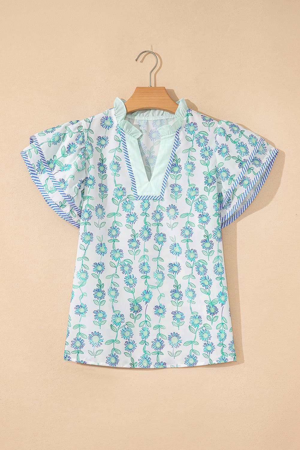 Floral Print Striped Flutte Blouse