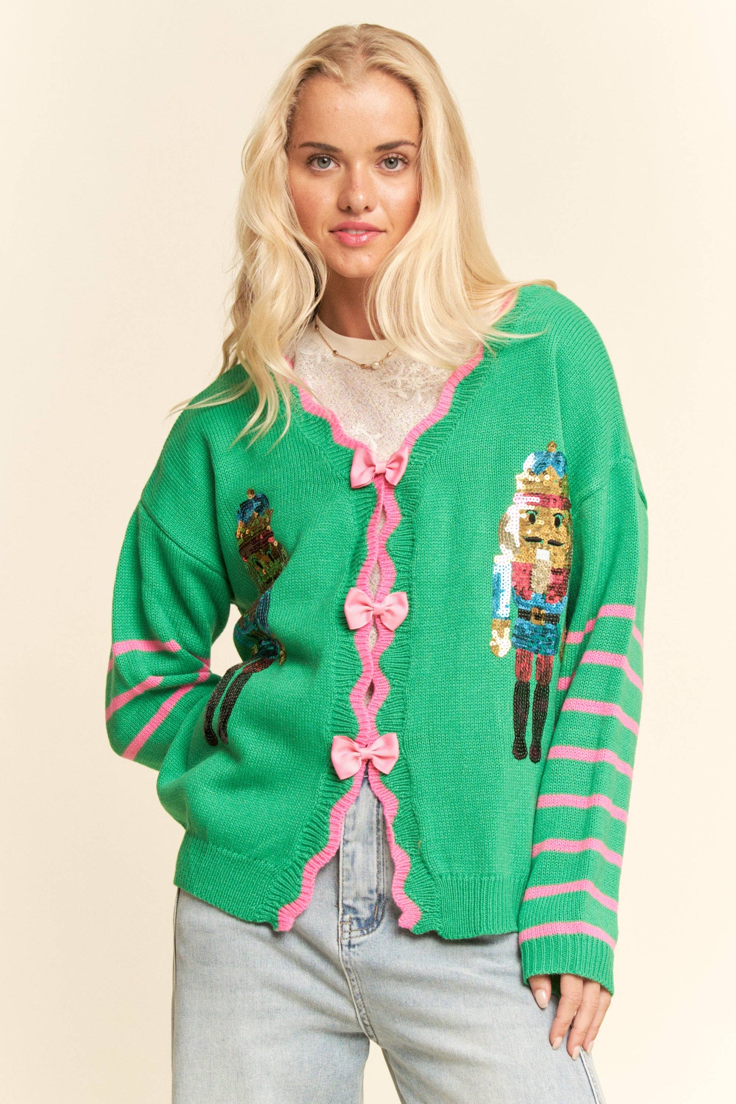SEQUIN NUTCRACKER PATCH BOW DETAL SWEATER TOP