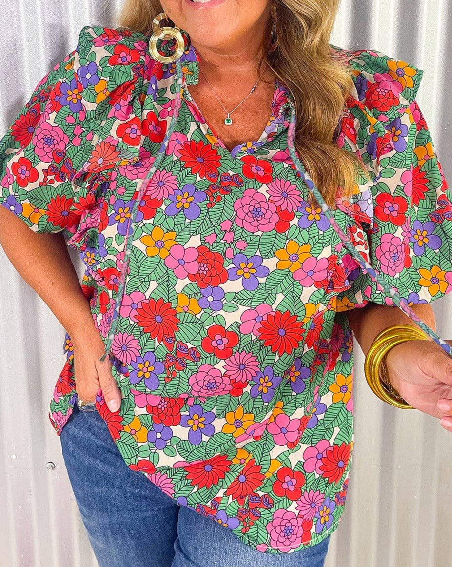 | Floral Ruffle Bubble Sleeve Blouse