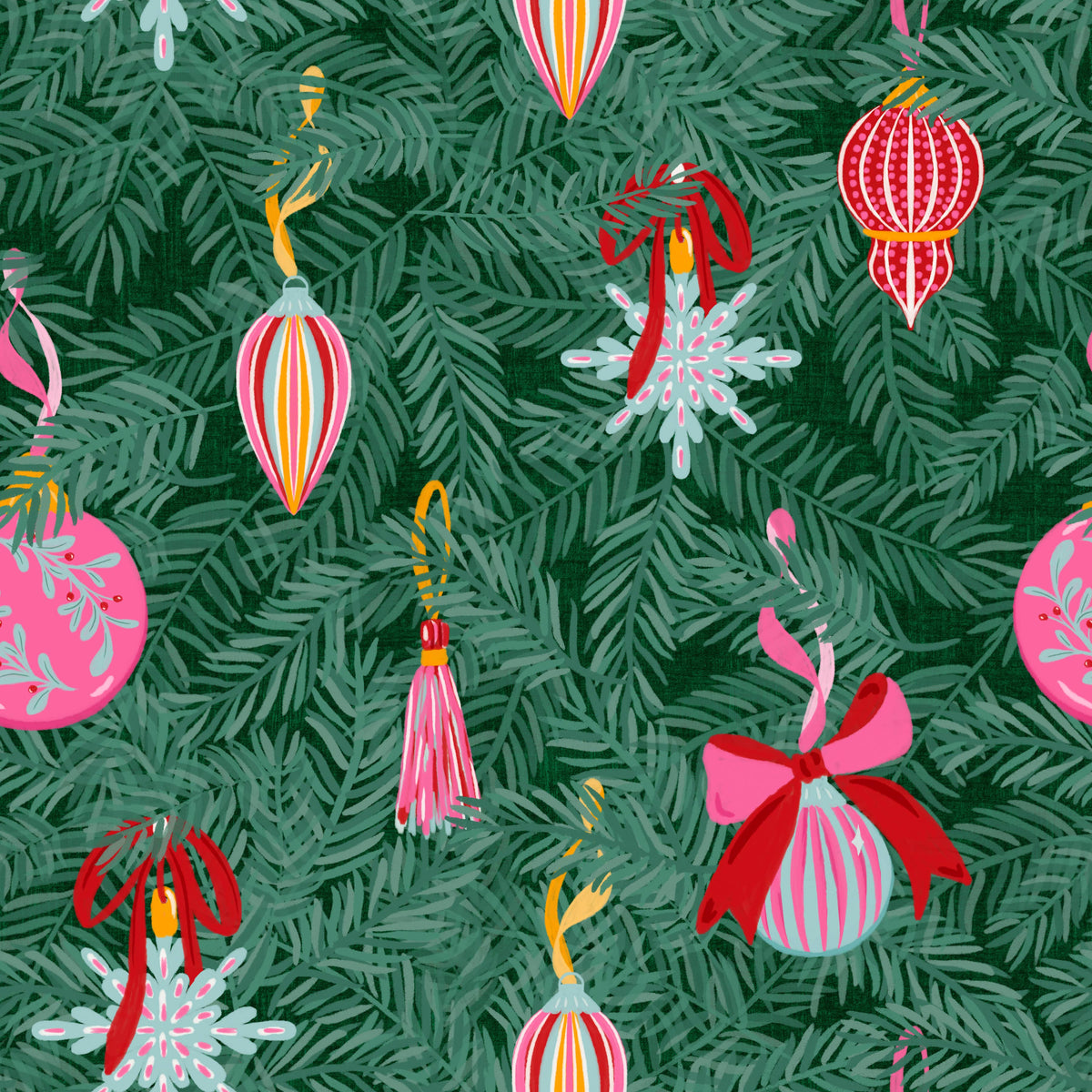 Christmas Ornaments and Branches Pink Wrapping Paper Roll