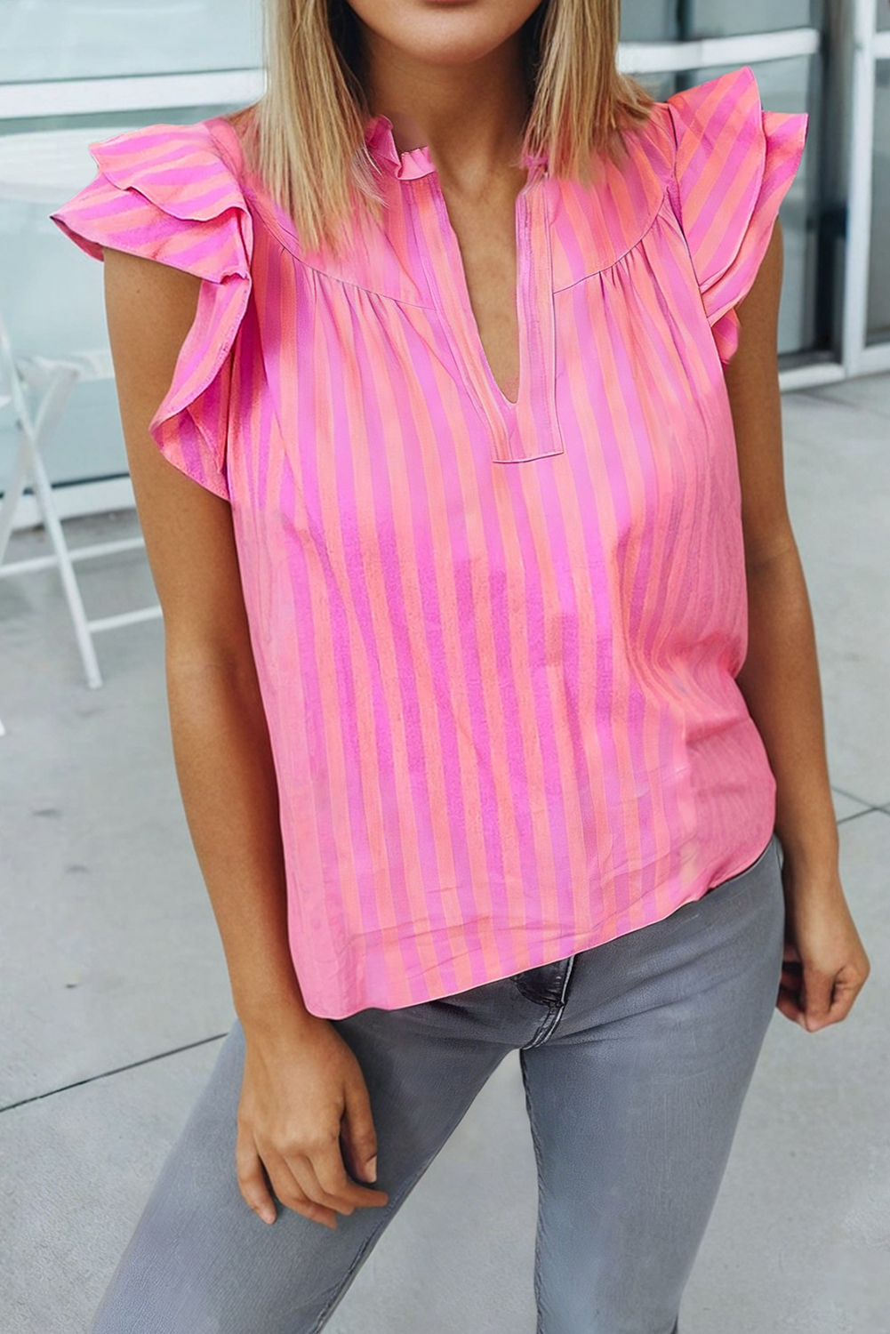 Stripe Split Neck Ruffled Blouse