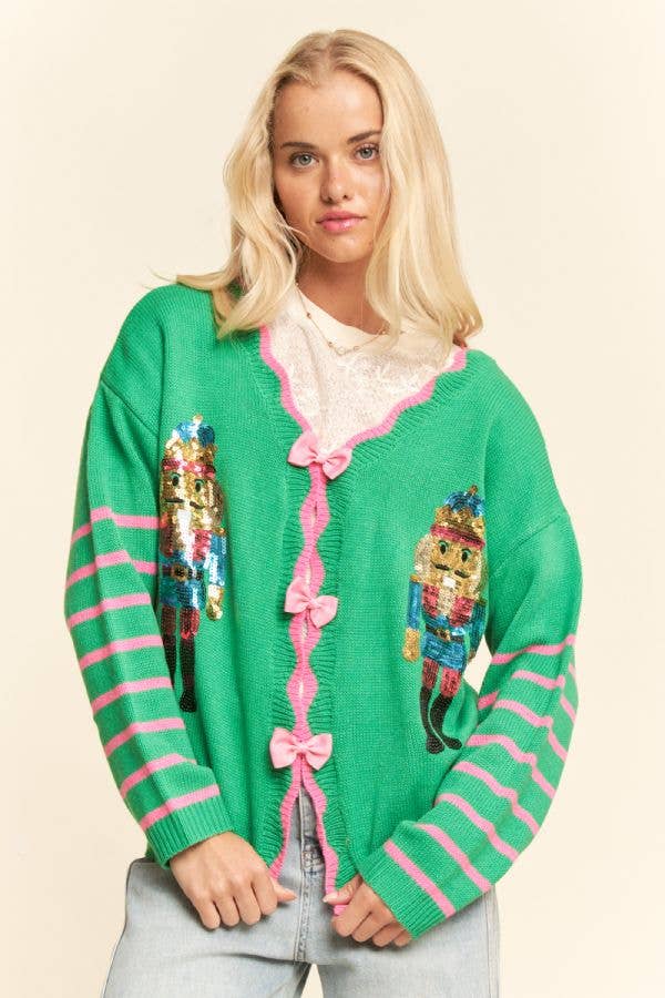 SEQUIN NUTCRACKER PATCH BOW DETAL SWEATER TOP
