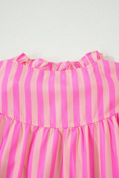 Stripe Split Neck Ruffled Blouse