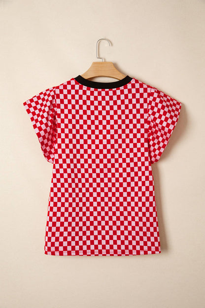 Checkered Print Ruffle Blouse