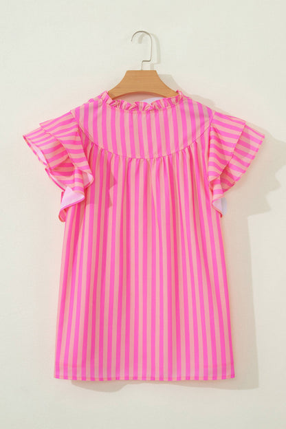 Stripe Split Neck Ruffled Blouse