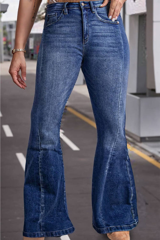 Dark Blue Plus Size Stitching Washed Flare Jeans