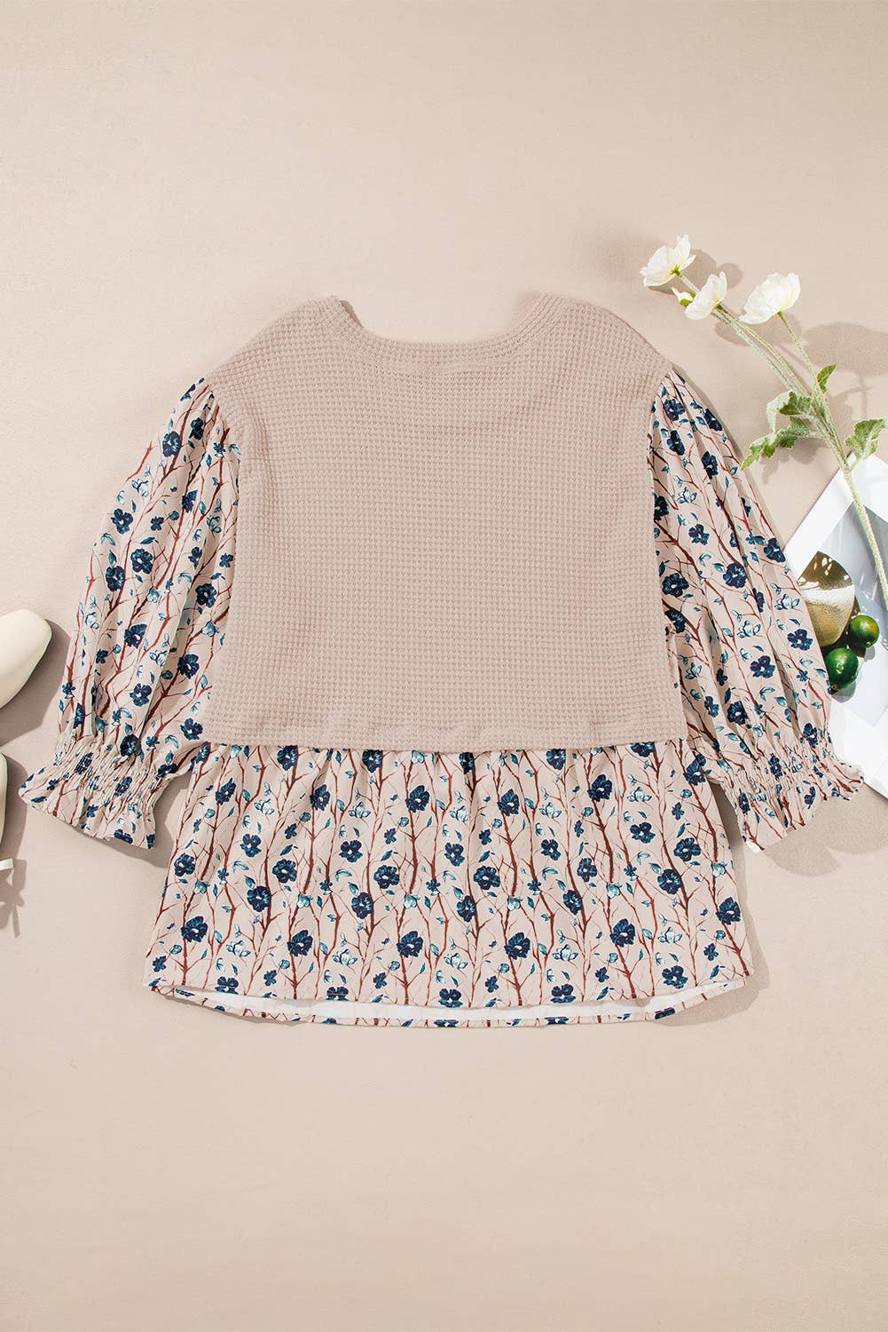 Floral Print Knit Patchwork Crew Neck Top