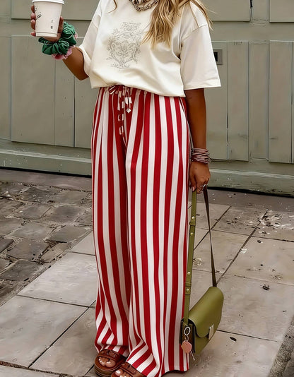 Multi Color Boho Beach Vertical Stripe Lace-Up Pants