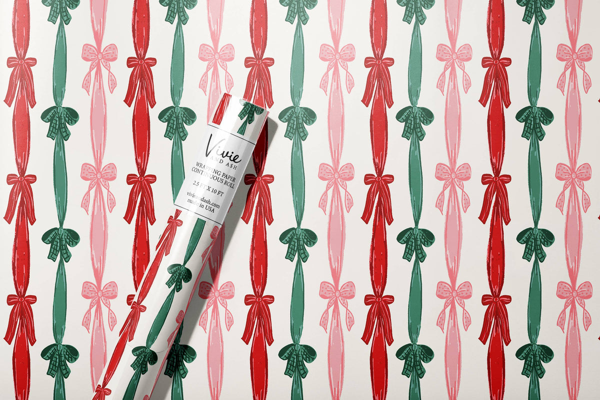 Red and Green Christmas Stripe Bows Wrapping Paper Roll  