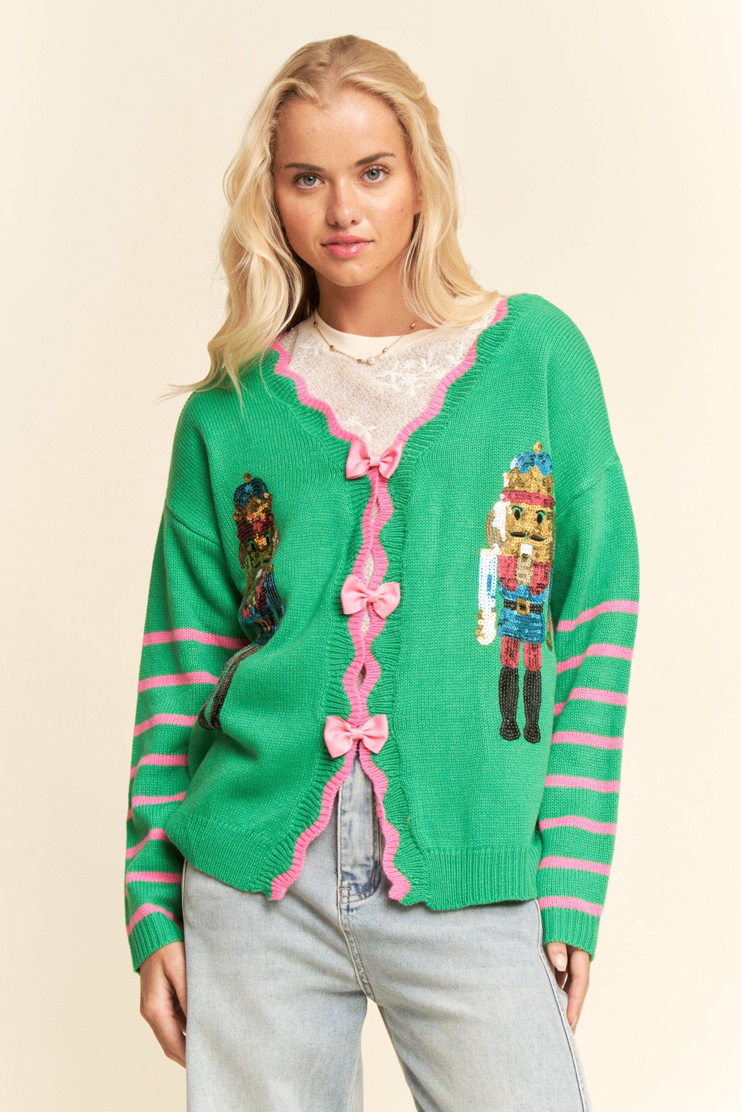 SEQUIN NUTCRACKER PATCH BOW DETAL SWEATER TOP