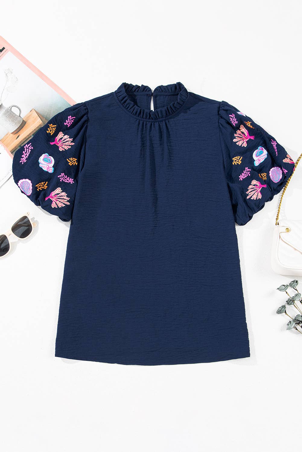 Shellfish Coral Puff Sleeve Frilled Neck Blouse