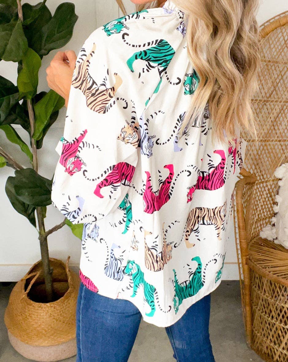 | Tiger Ruffle Lantern Sleeve Blouse