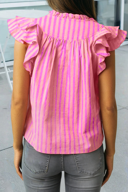 Stripe Split Neck Ruffled Blouse