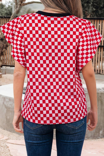 Checkered Print Ruffle Blouse