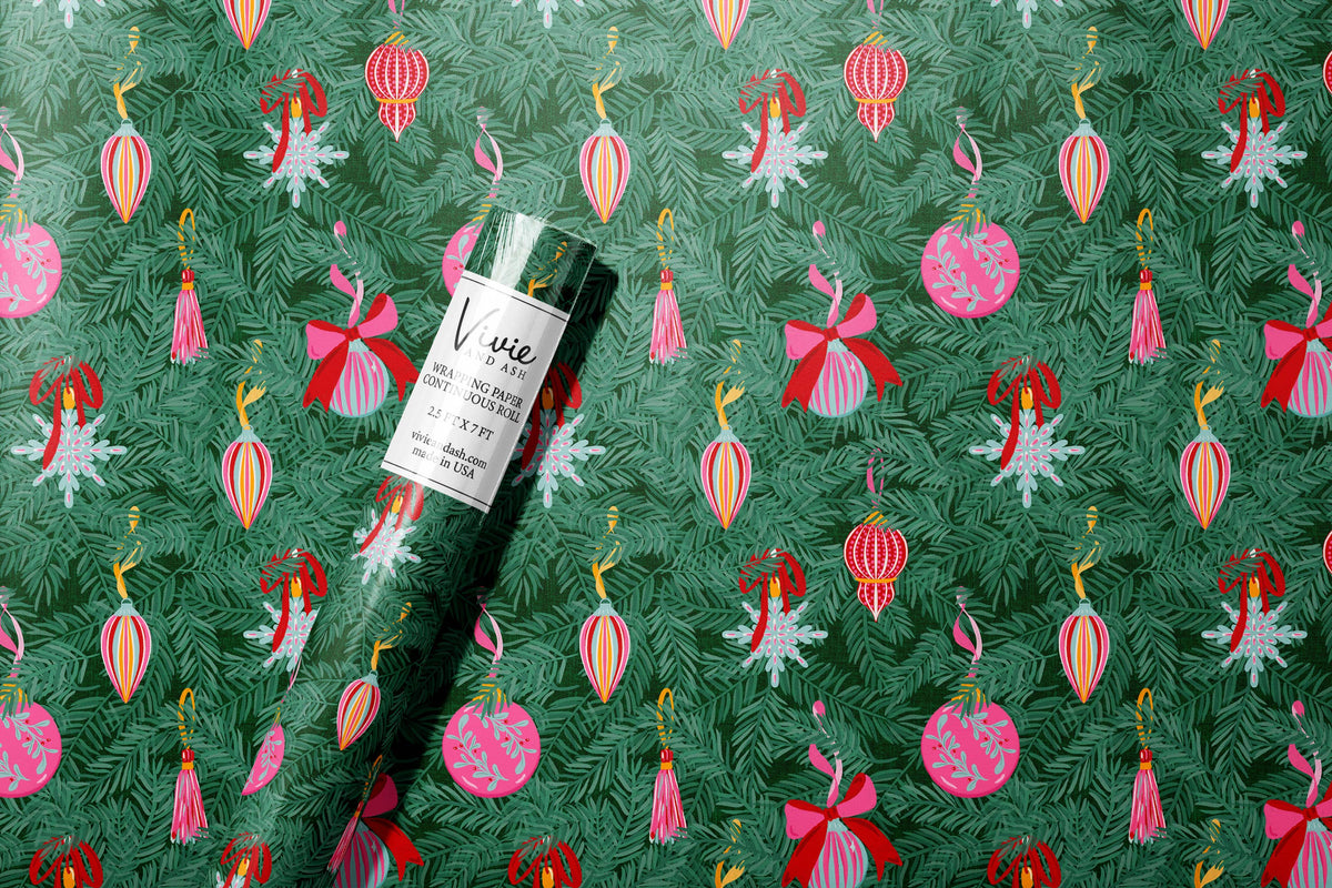 Christmas Ornaments and Branches Pink Wrapping Paper Roll