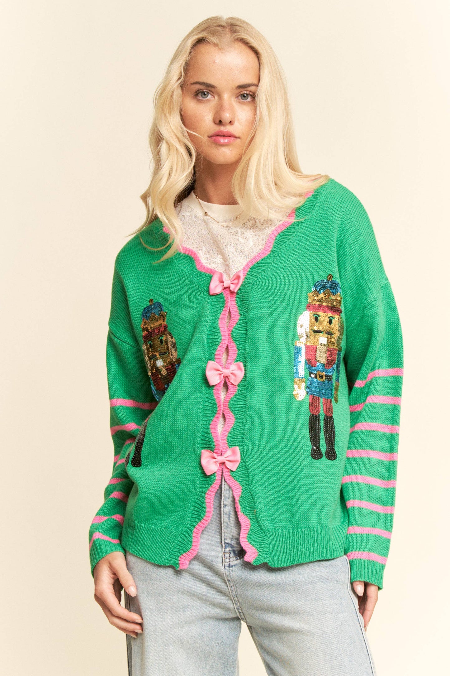 SEQUIN NUTCRACKER PATCH BOW DETAL SWEATER TOP