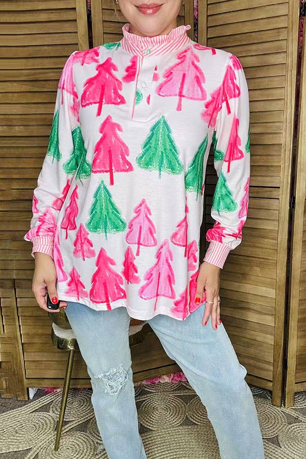 Christmas tree long sleeve striped women blouse GJQ16449