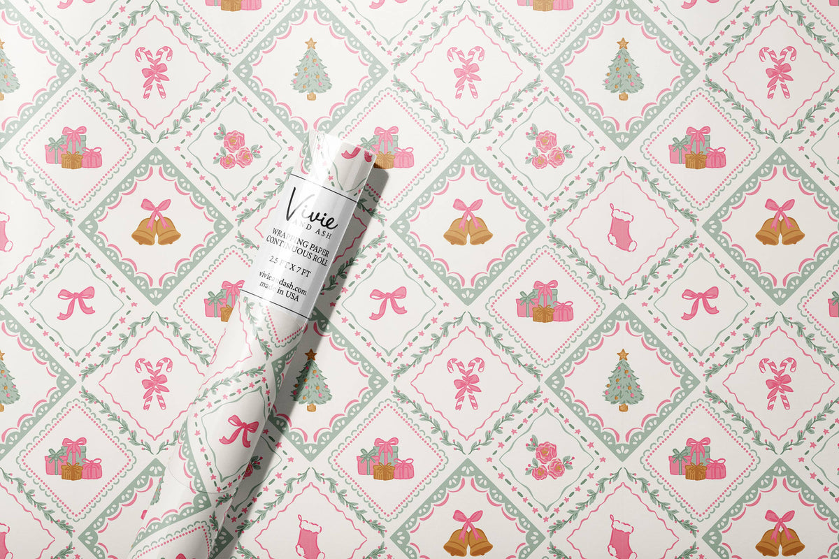 Christmas Quilt Misty Sage and Pink Wrapping Paper Roll