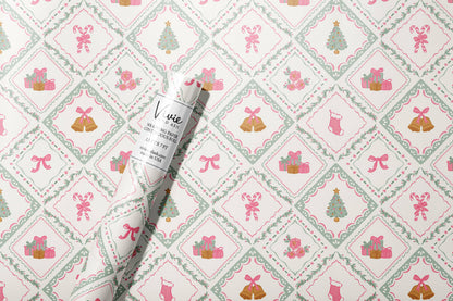 Christmas Quilt Misty Sage and Pink Wrapping Paper Roll
