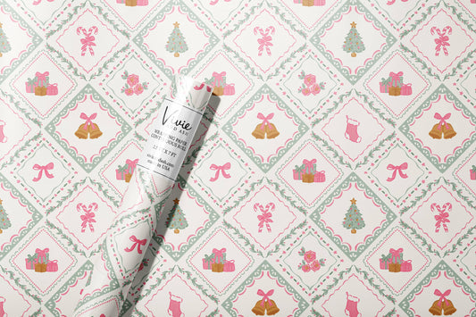 Christmas Quilt Misty Sage and Pink Wrapping Paper Roll