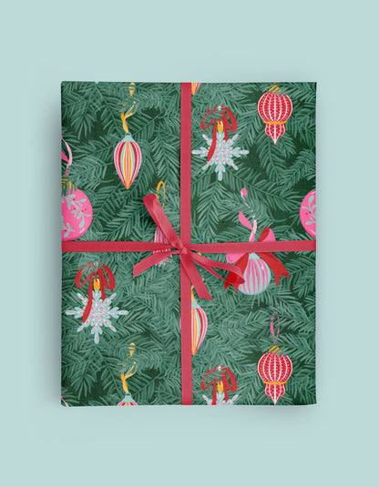 Christmas Ornaments and Branches Pink Wrapping Paper Roll