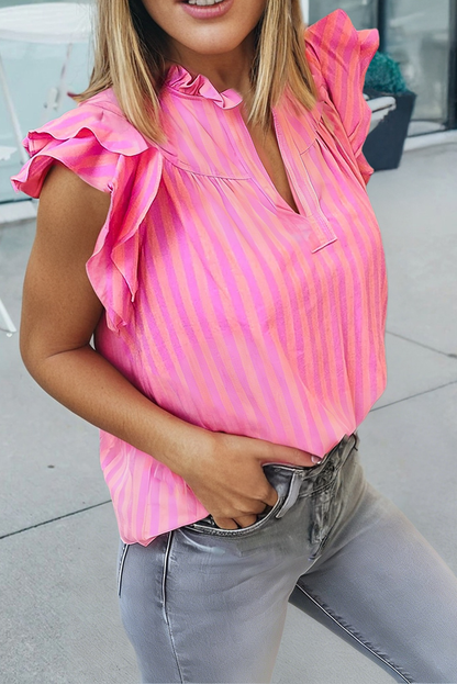 Stripe Split Neck Ruffled Blouse