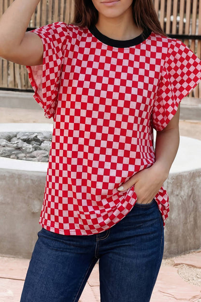 Checkered Print Ruffle Blouse