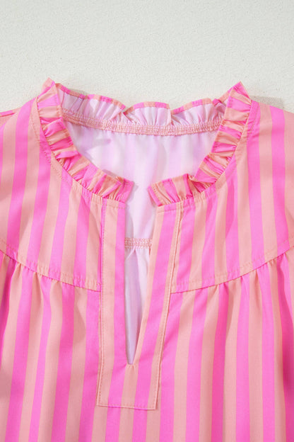 Stripe Split Neck Ruffled Blouse