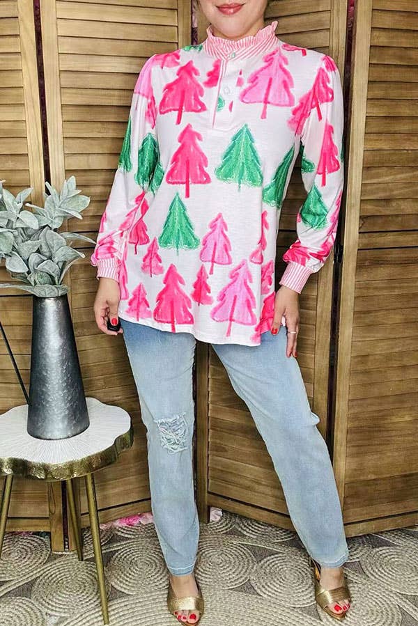 Christmas tree long sleeve striped women blouse GJQ16449