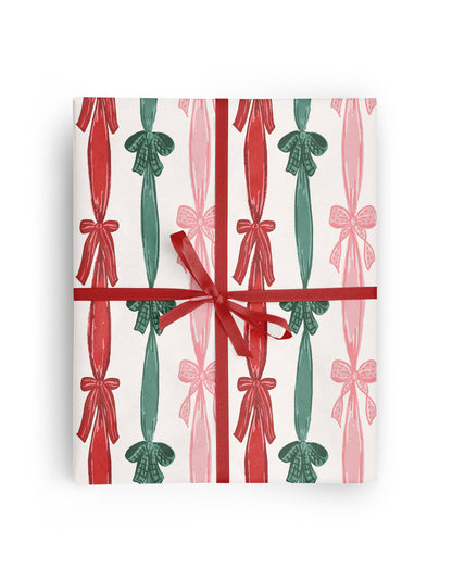 Red and Green Christmas Stripe Bows Wrapping Paper Roll  