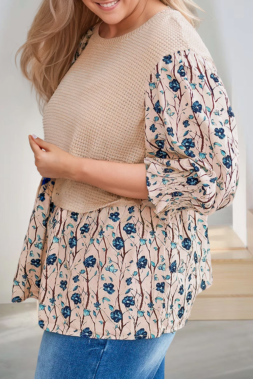 Floral Print Knit Patchwork Crew Neck Top