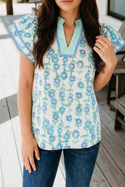 Floral Print Striped Flutte Blouse