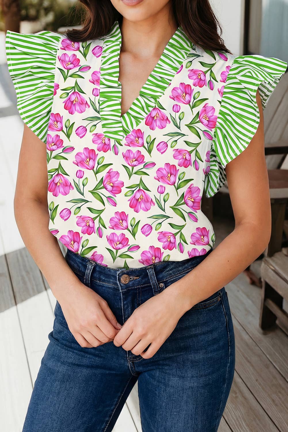 Floral Print Ruffle V Neck