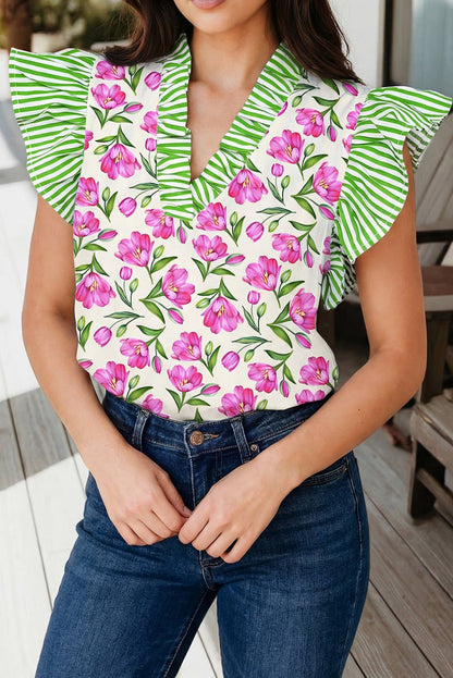 Floral Print Ruffle V Neck