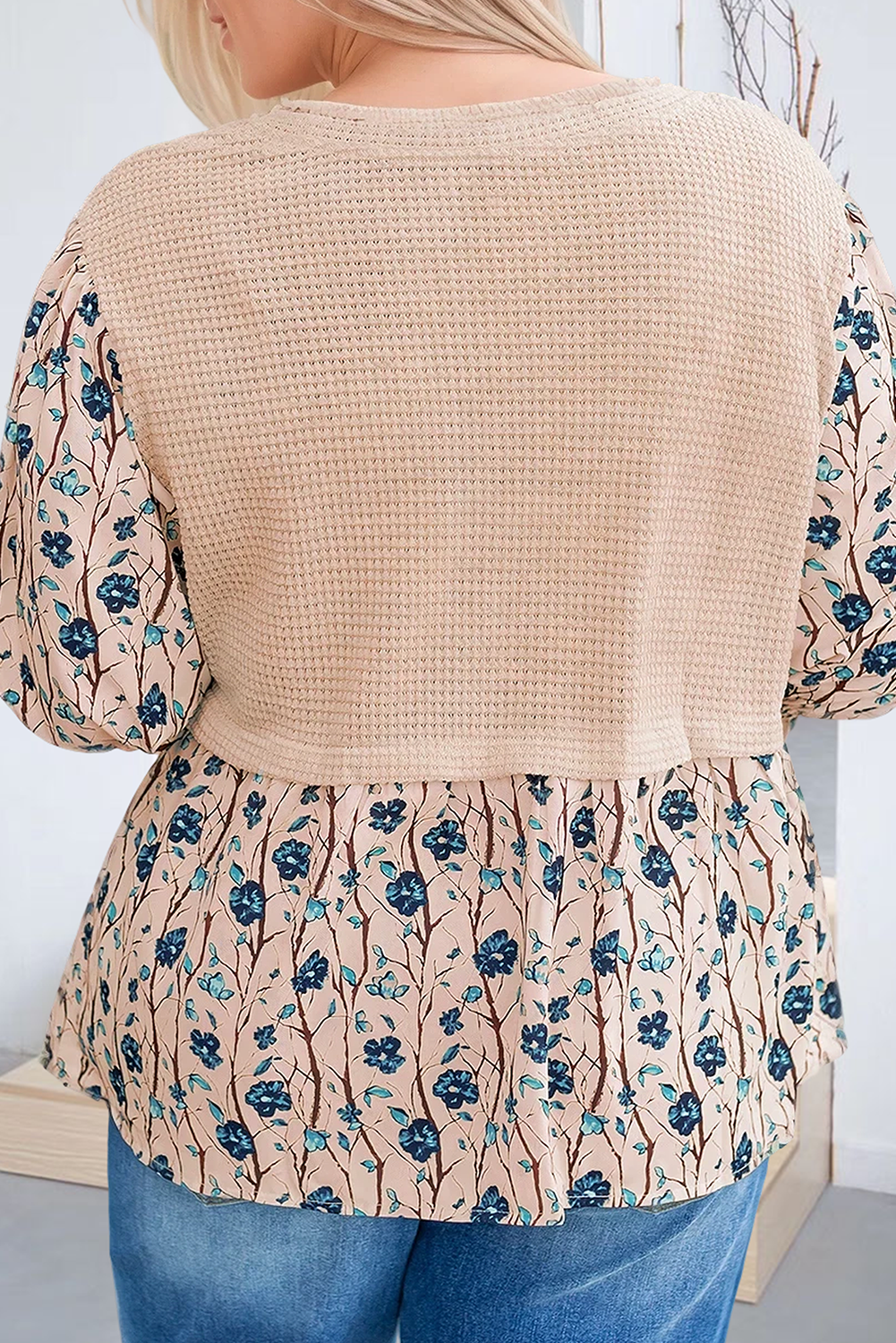 Floral Print Knit Patchwork Crew Neck Top