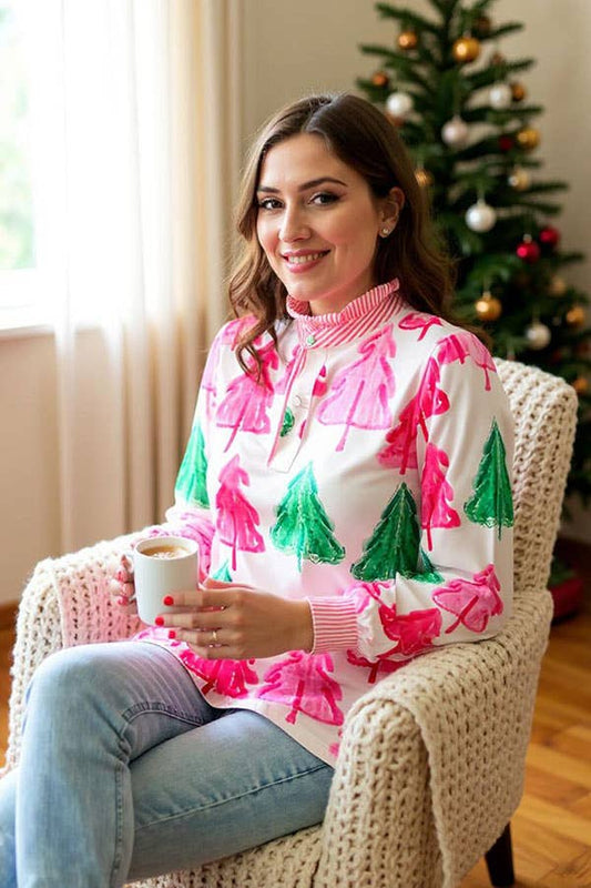 Christmas tree long sleeve striped women blouse GJQ16449