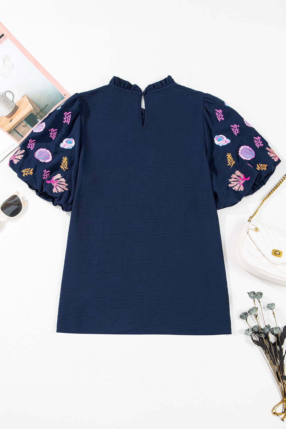 Shellfish Coral Puff Sleeve Frilled Neck Blouse