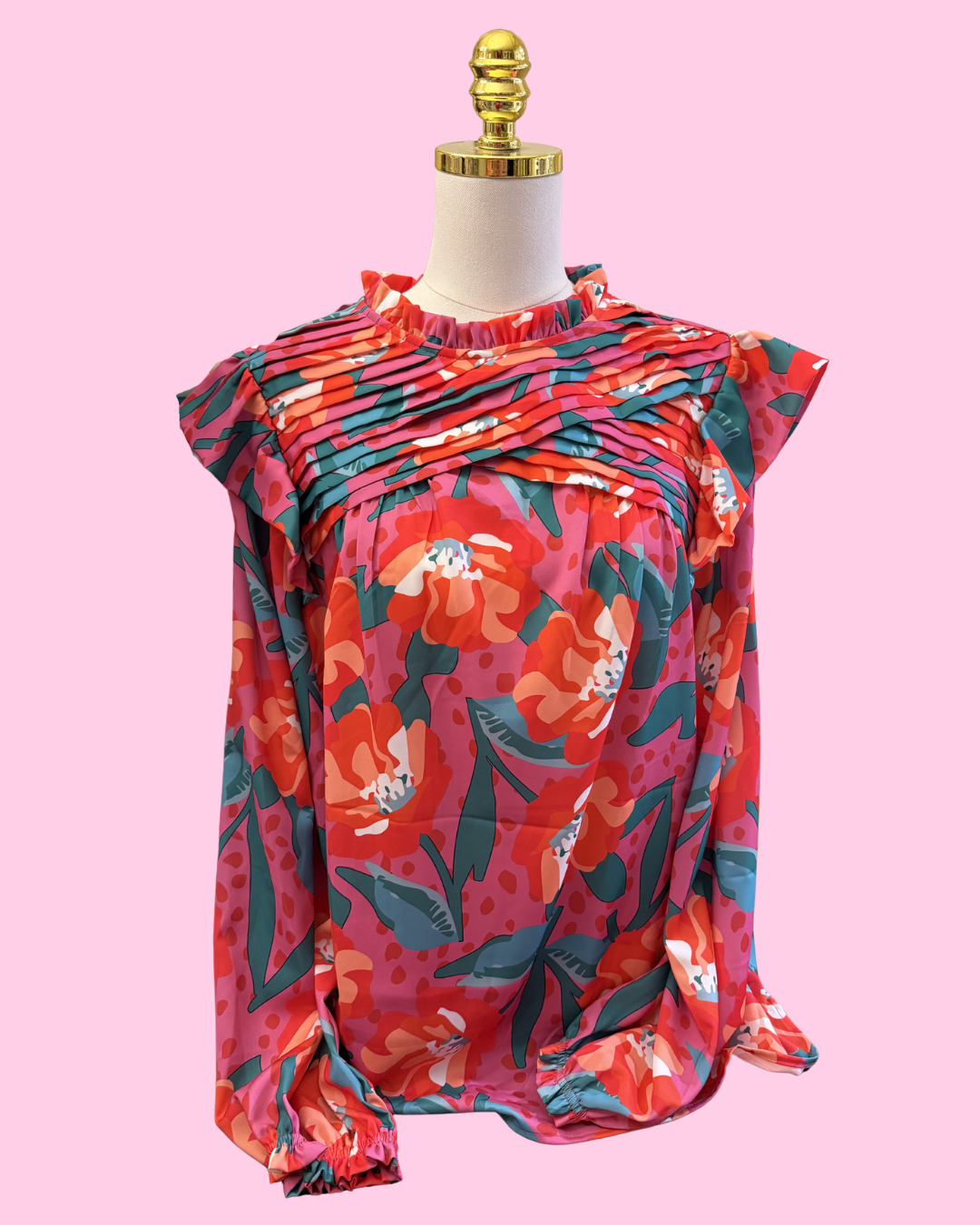 Pleated Floral Long Sleeve