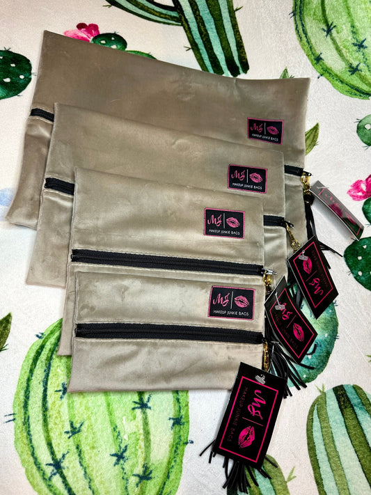 - Taupe Velvet Makeup Junkie Bag