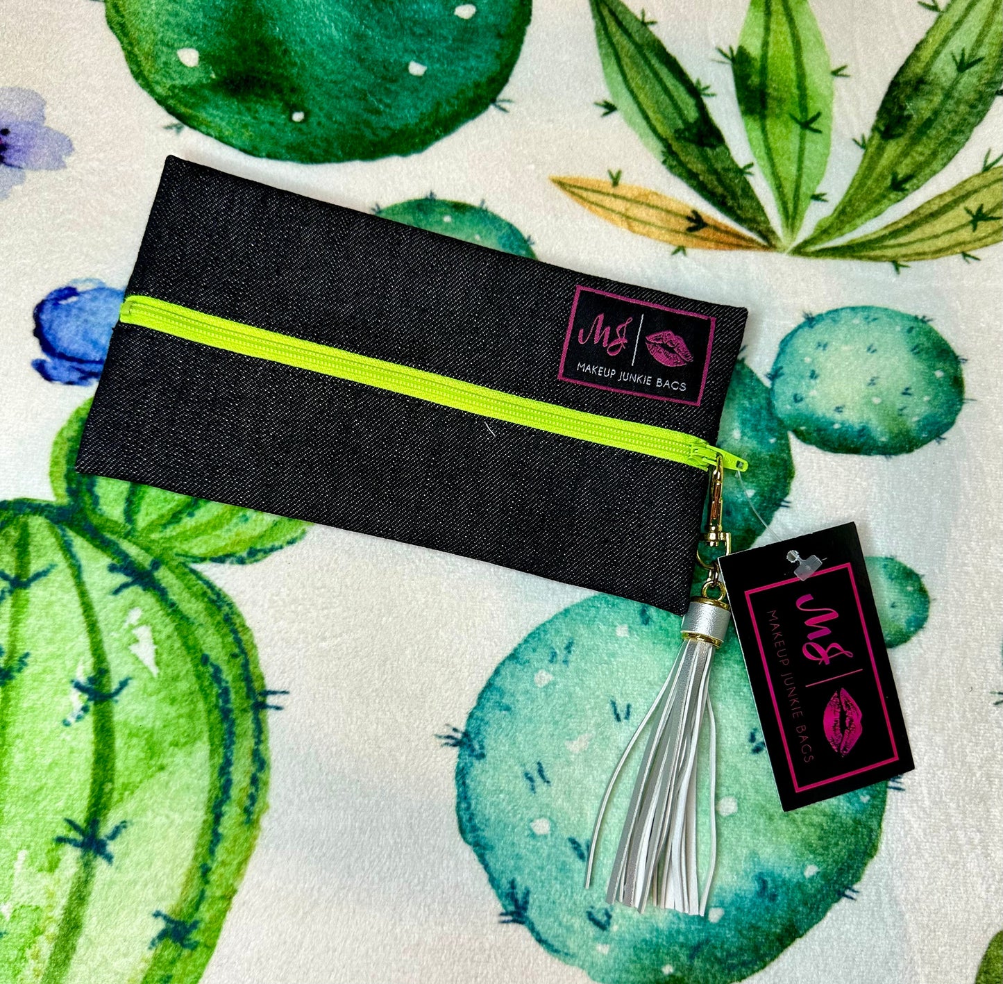 Slate Denim (w/ Lime Green Zipper) Makeup Junkie Bag