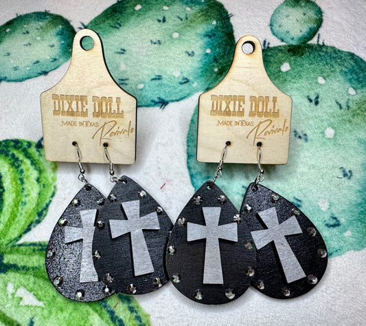 Silver Cross Dixie Doll Wood Earrings- UD